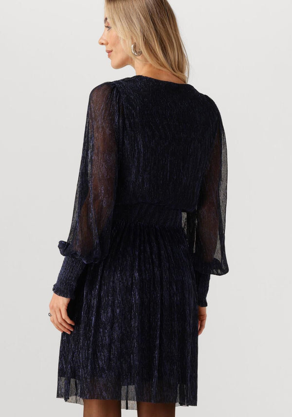 Navy pleated midi dress with sheer sleeves from Pink Baby, featuring a stylish and elegant design suitable for special occasions.