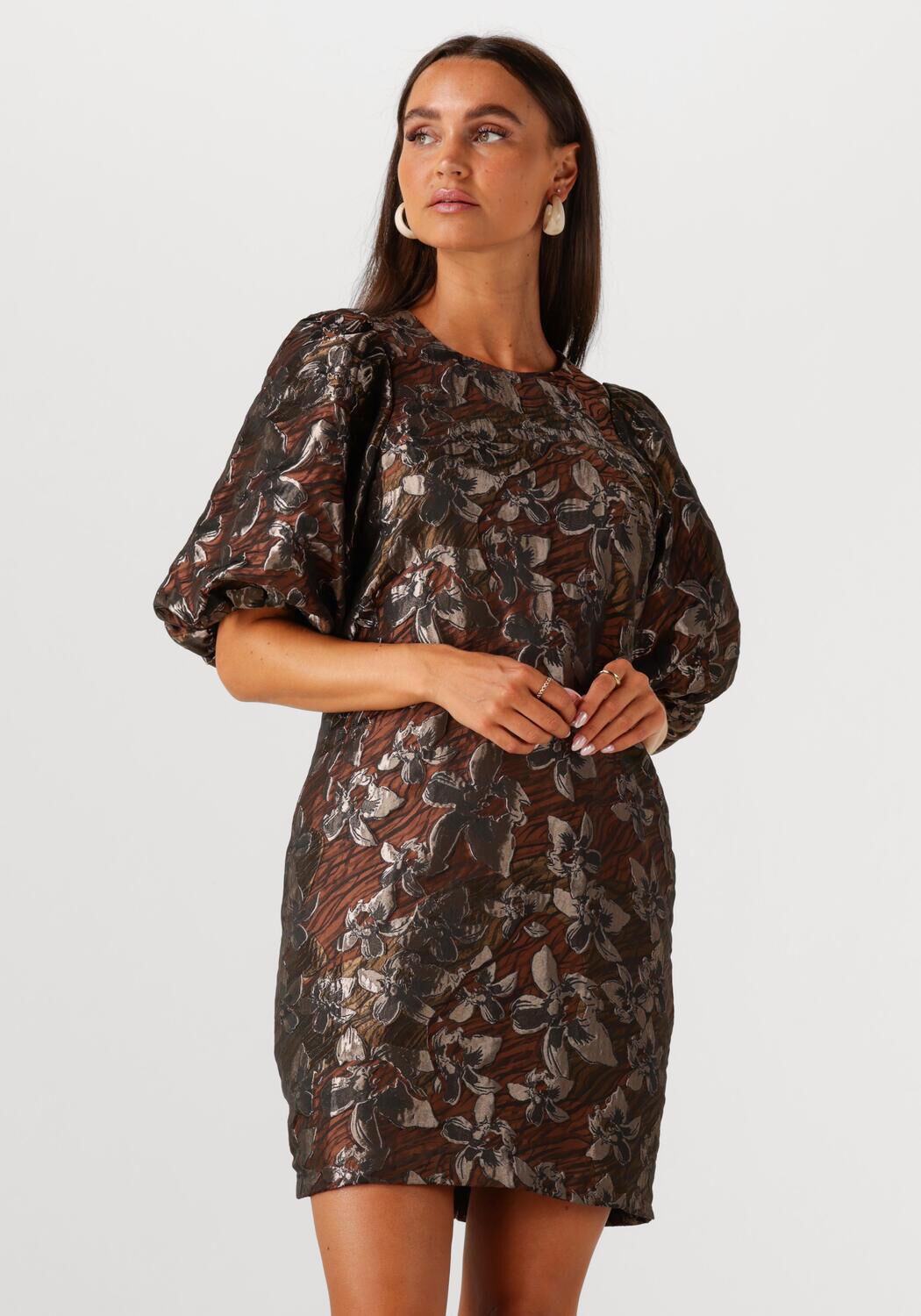 Pink Baby Nami Floral Jacquard Puff-Sleeve Mini Dress in espresso brown, featuring a fitted bodice and puffed sleeve details.