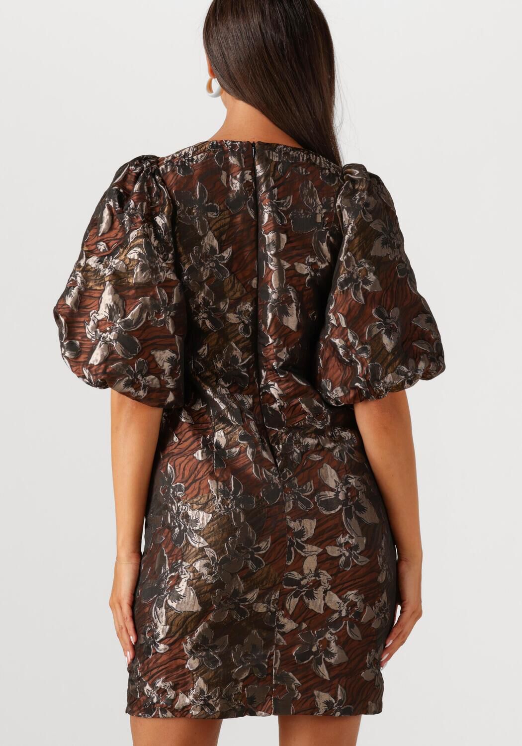 Pink Baby Nami floral jacquard puff-sleeve mini dress in espresso brown, featuring a fitted bodice and elegant puff sleeves.