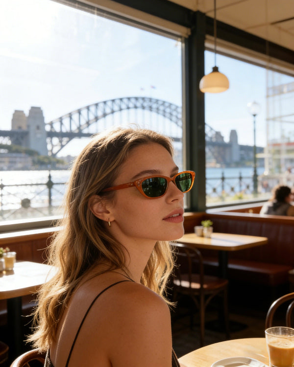 Pink Baby The Indie pumpkin-shaped sunglasses with round lenses and black frames, stylish accessory for sunny days.