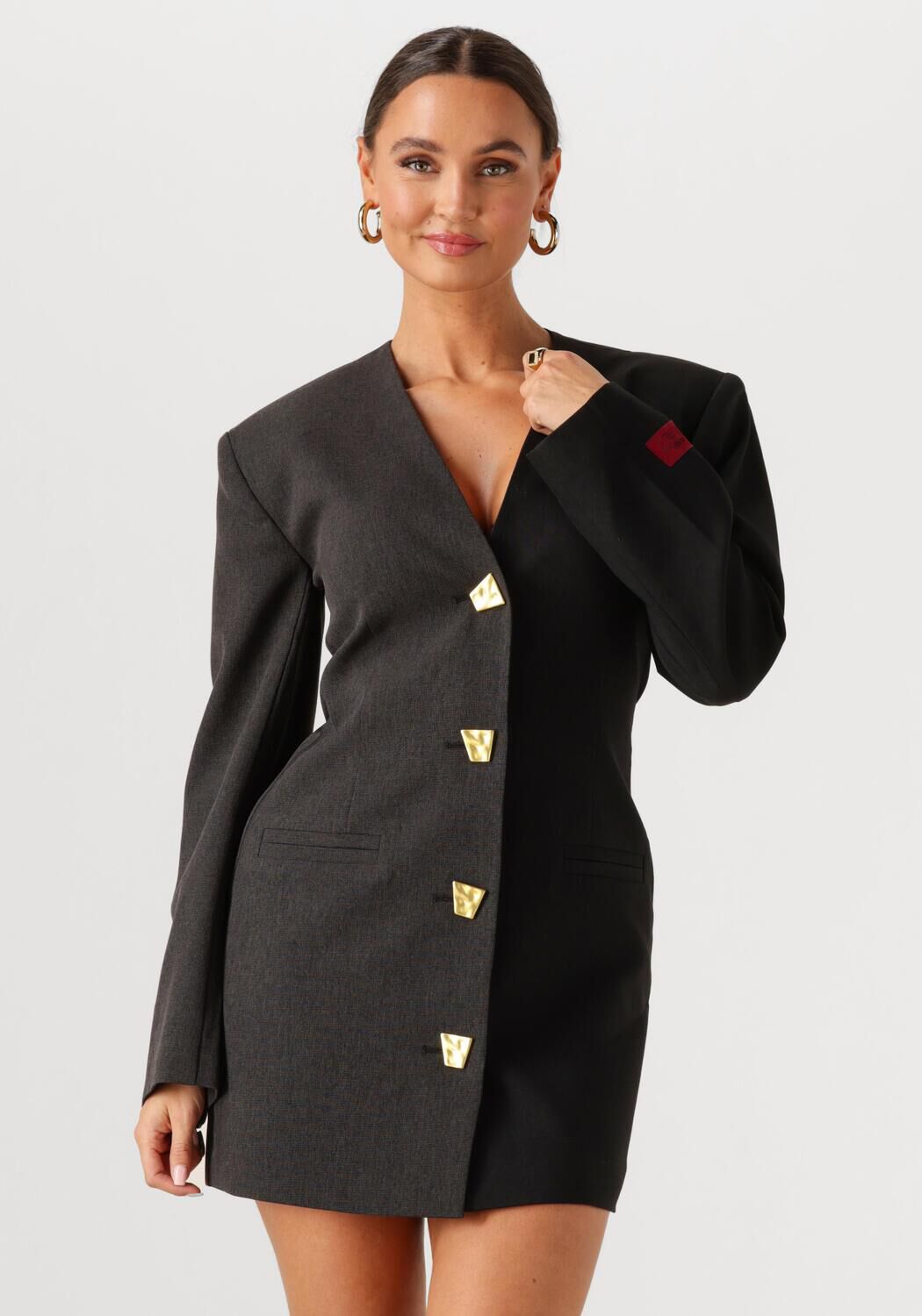 Pink Baby Marcella gold-button tailored mini dress in charcoal black, featuring a fitted silhouette and stylish design.