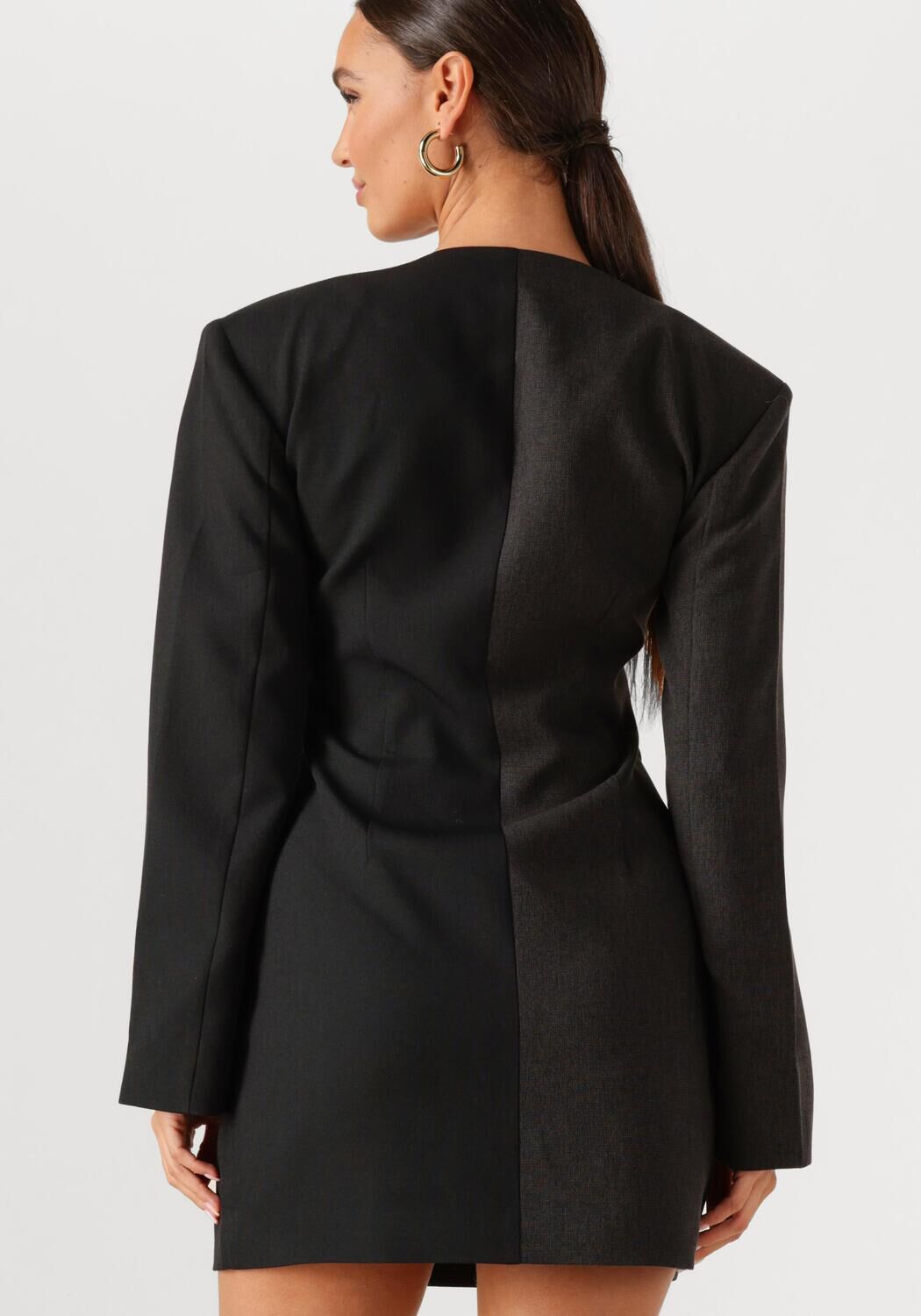 Pink Baby Marcella gold-button tailored mini dress in charcoal black, showcasing a fitted design with gold accents.