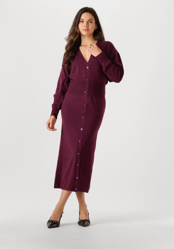 Pink Baby burgundy button-front knit midi dress, stylish and comfortable, featuring a fitted silhouette and elegant design.
