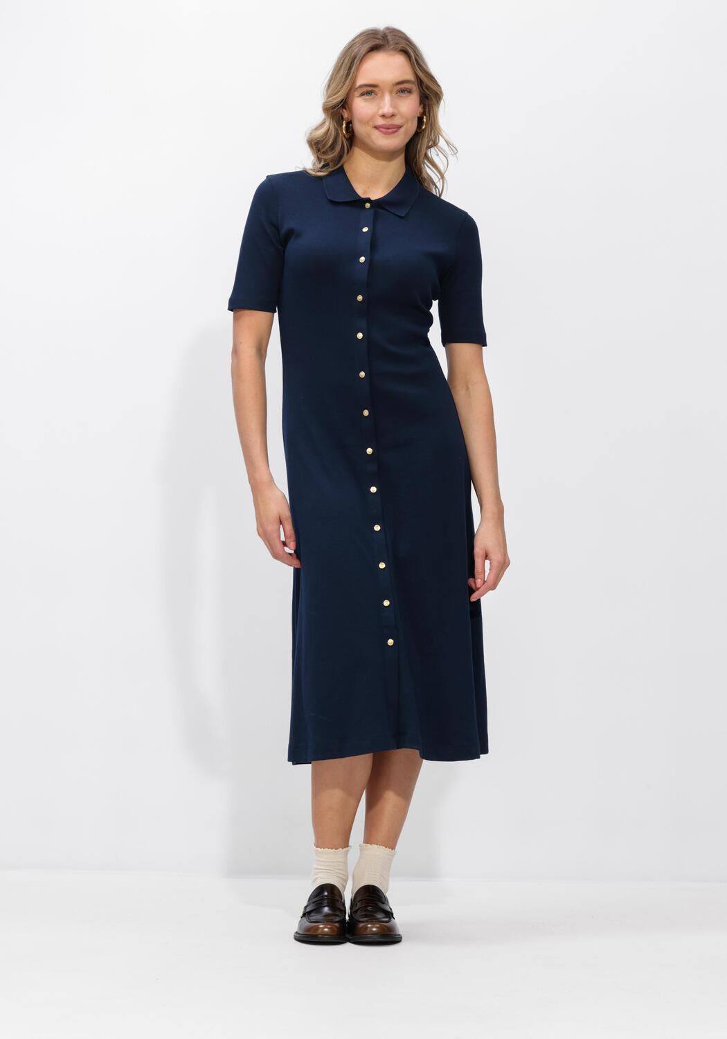 Pink Baby navy Lucia button-front collared midi dress with long sleeves, showcasing a stylish and elegant design.