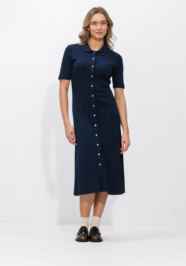Pink Baby navy Lucia button-front collared midi dress with long sleeves, showcasing a stylish and elegant design.