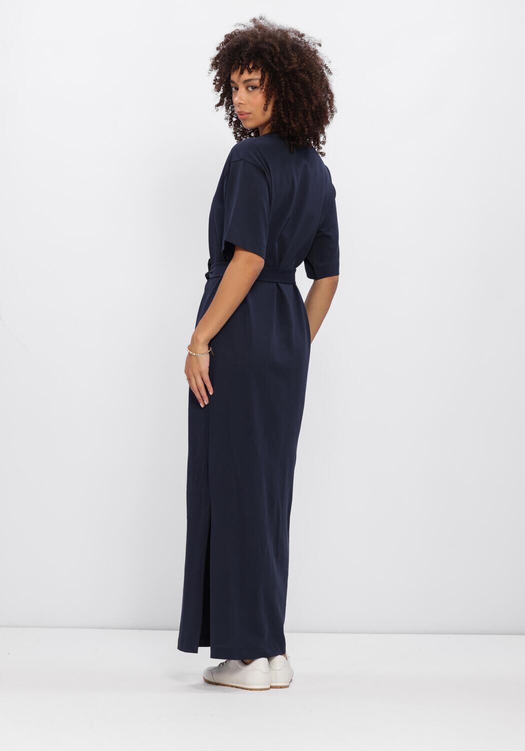 Pink Baby Noela belted maxi T-shirt dress in navy, featuring a relaxed fit and stylish belt for casual elegance.