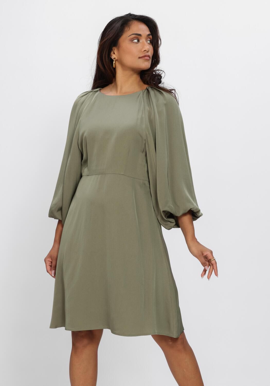 Olive green Corsa Draped Balloon-Sleeve Mini Dress by Pink Baby, featuring flowy fabric and stylish balloon sleeves.