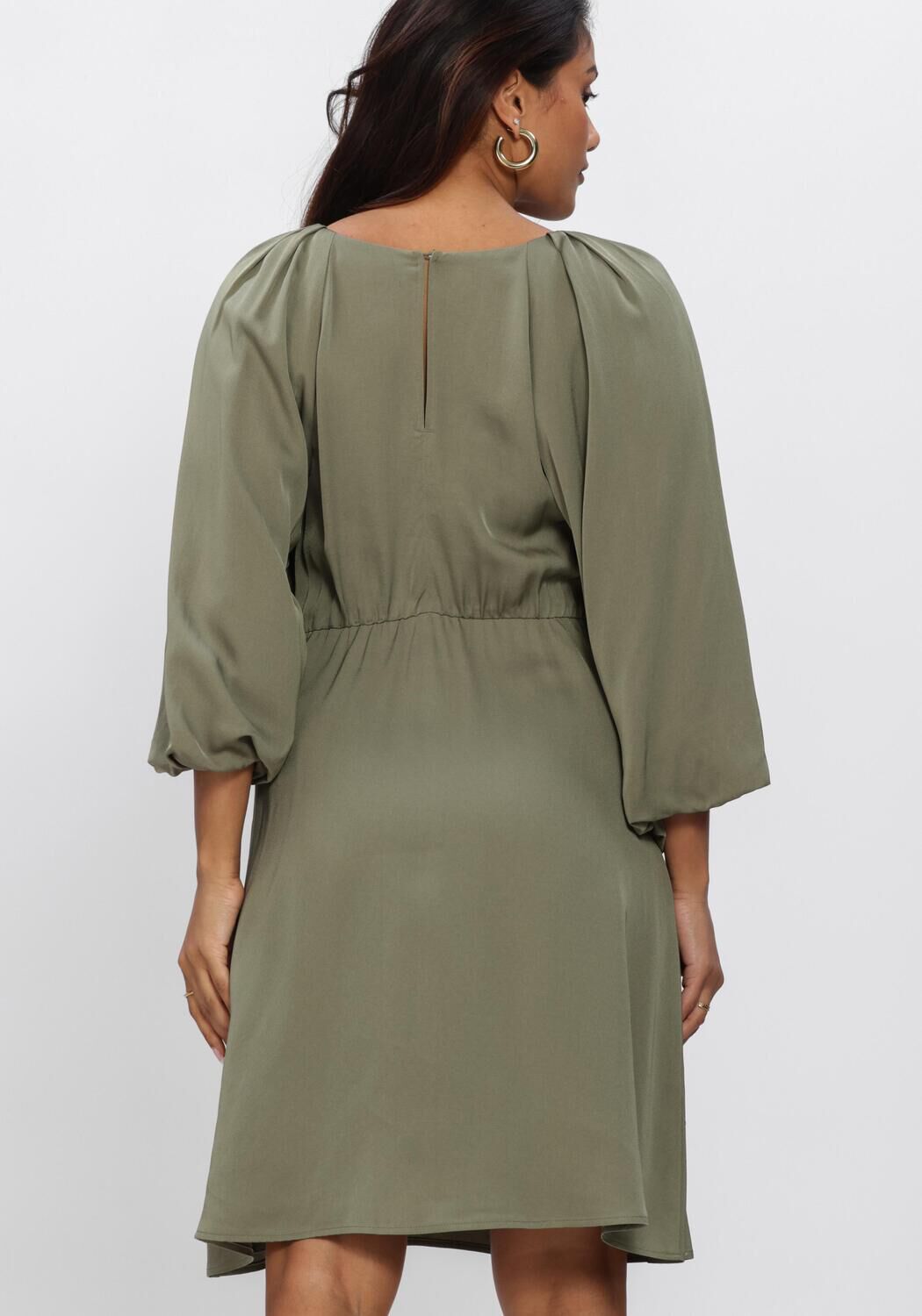 Olive green Corsa Draped Balloon-Sleeve Mini Dress by Pink Baby, featuring a stylish draped design and voluminous balloon sleeves.