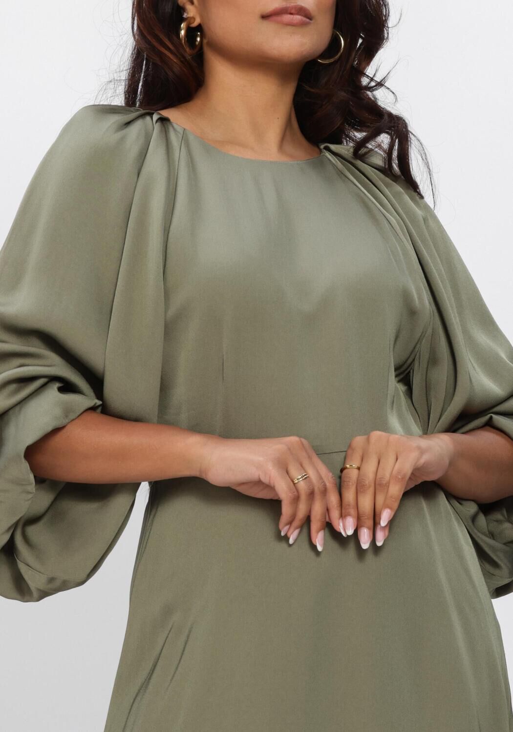 Olive green Corsa draped balloon-sleeve mini dress by Pink Baby, featuring a stylish, flowing silhouette and unique sleeve design.