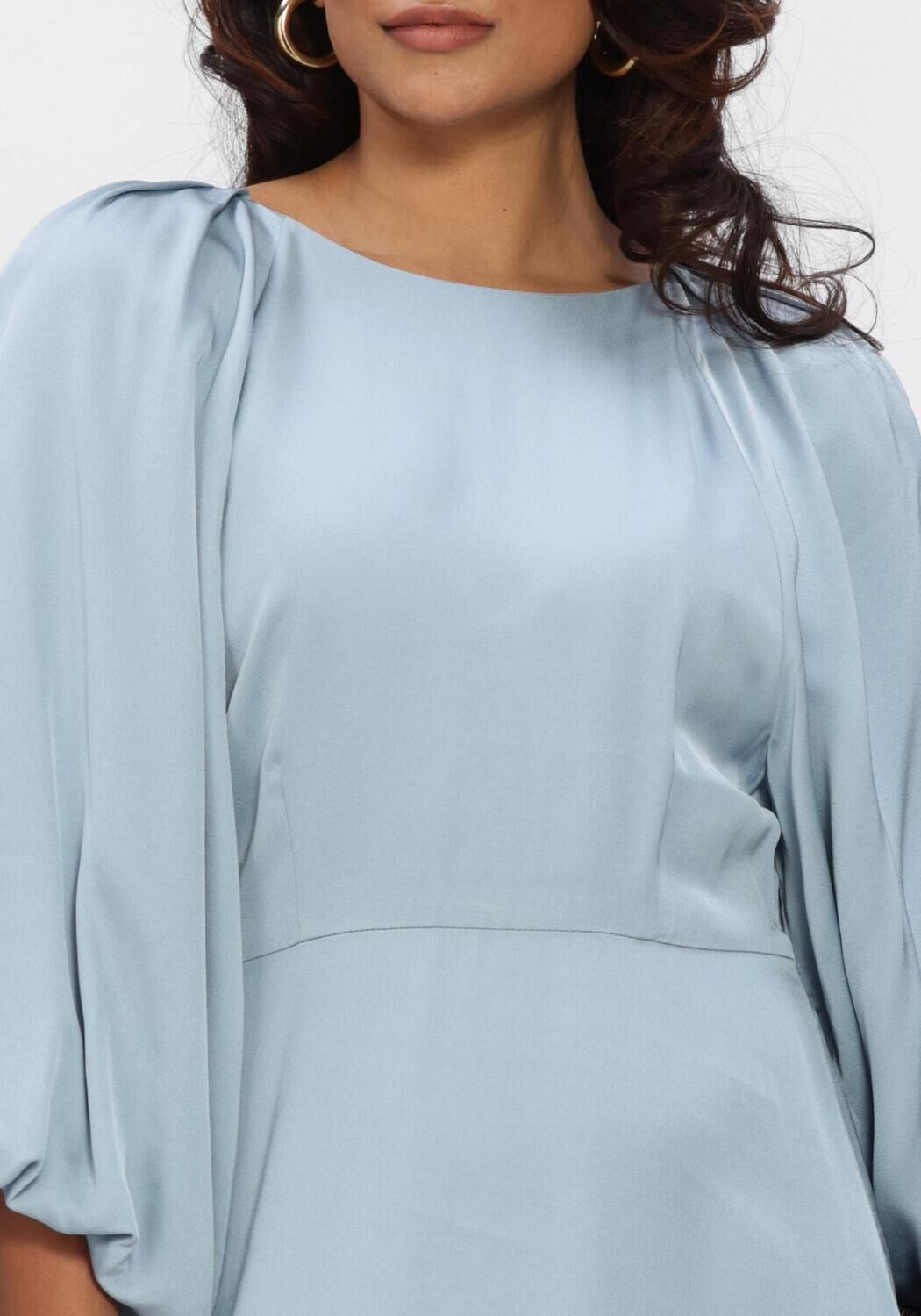 Pink Baby Evelina Draped Balloon-Sleeve Mini Dress in Dusty Blue, featuring flowy fabric and stylish balloon sleeves.