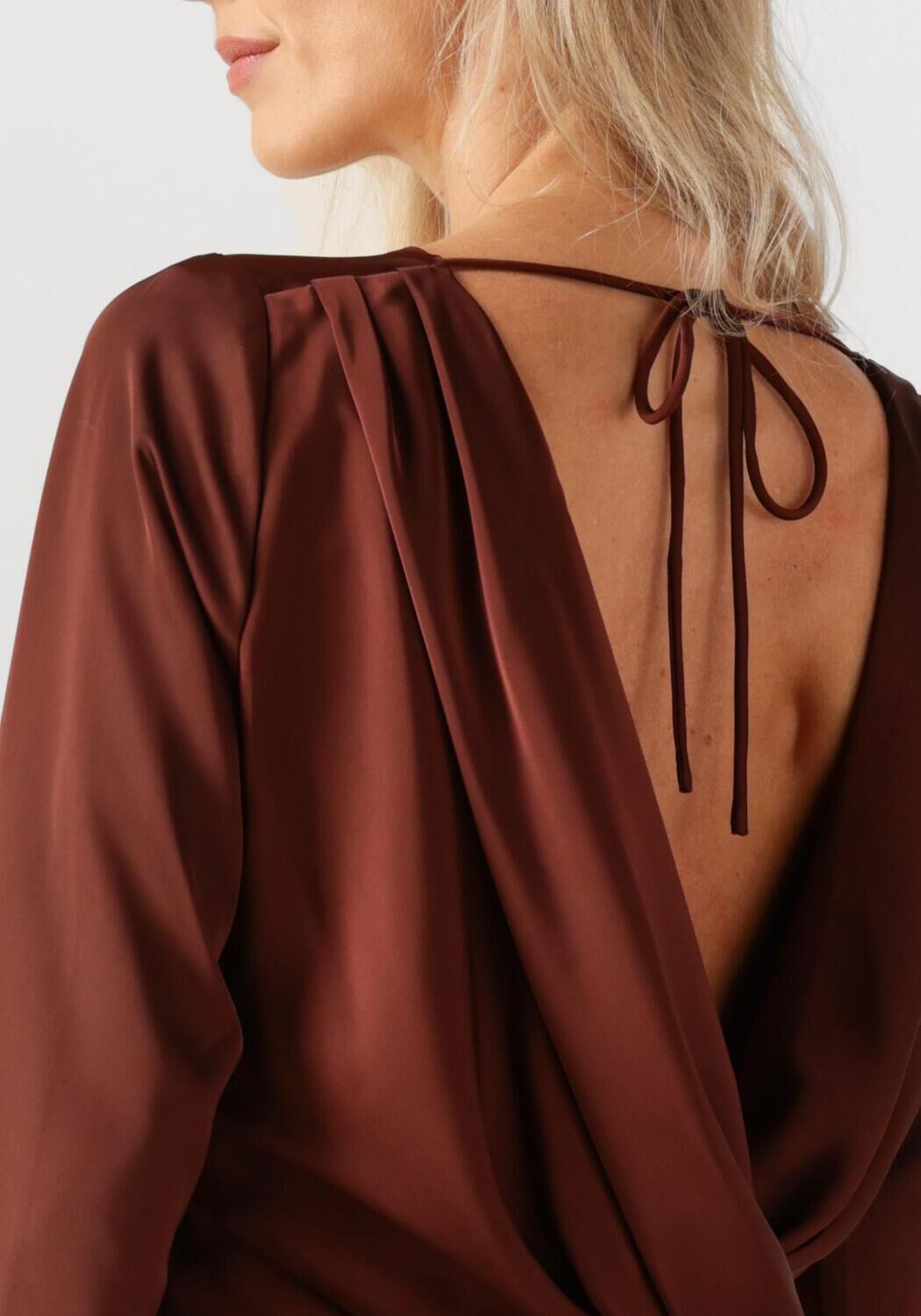 Pink Baby Aurélie open-back satin maxi dress in burgundy, showcasing a flowing satin fabric and elegant open-back design.