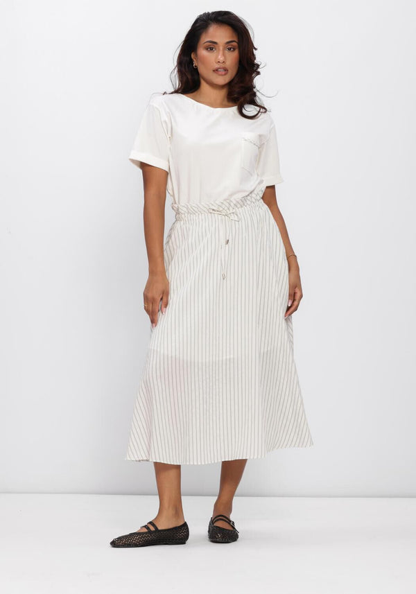 Pink Baby Sienna striped waist midi dress in ivory fabric, featuring a fitted waist and stylish horizontal stripe pattern.