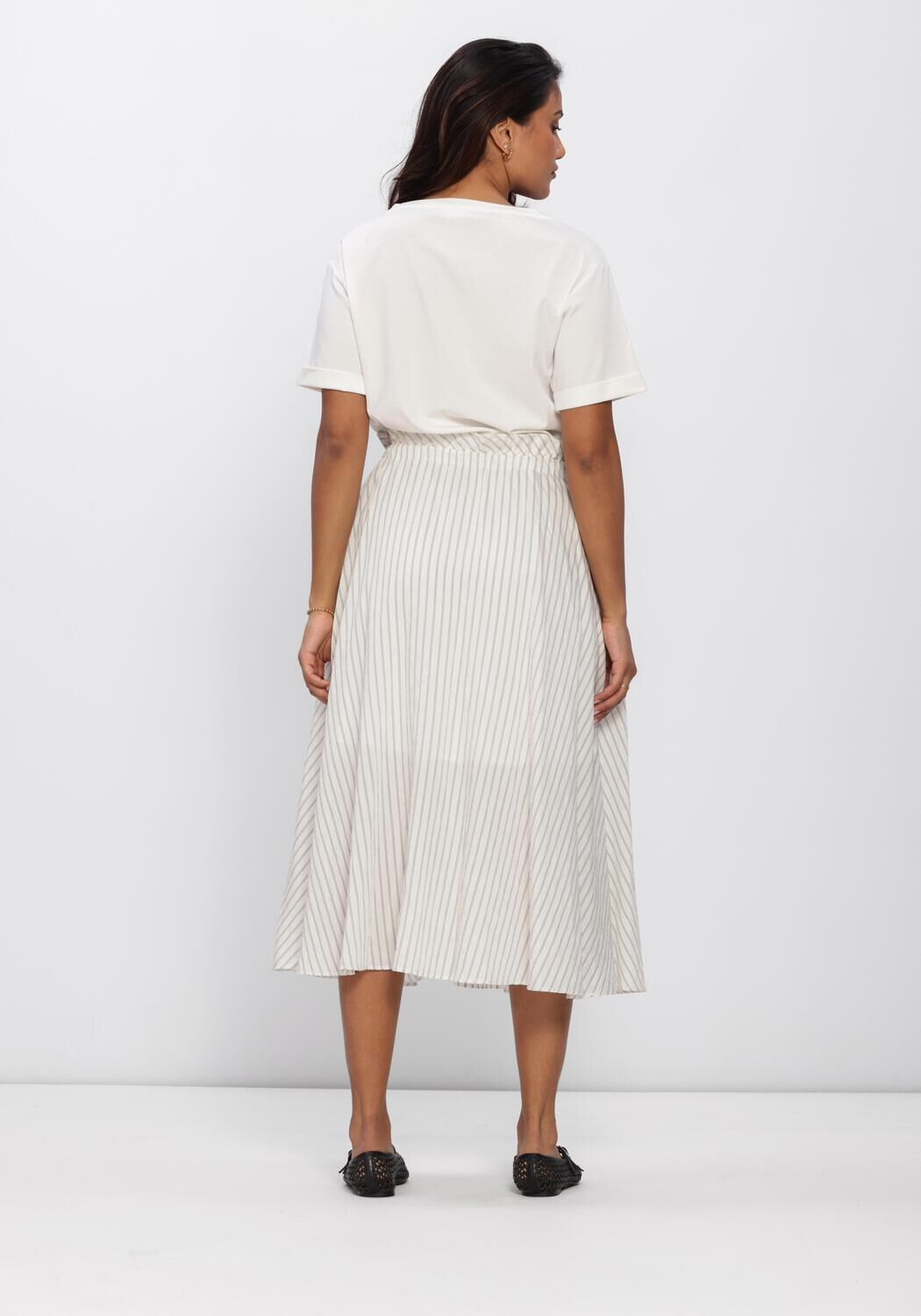 Pink Baby Sienna striped waist midi dress in ivory, featuring a fitted bodice and flowing skirt, perfect for casual or semi-formal wear.