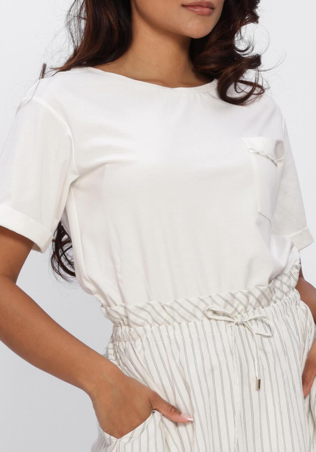 Pink Baby Sienna striped waist midi dress in ivory, featuring a fitted waist and elegant midi length for stylish comfort.