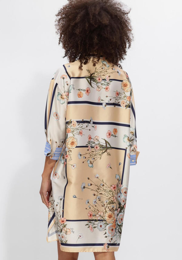 Pink Baby Lucienne floral scarf-tie shirt dress in champagne beige, featuring a stylish, flowy design with floral print.