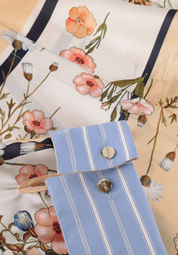 Pink Baby Lucienne floral scarf-tie shirt dress in champagne beige, featuring a relaxed fit and elegant floral print.