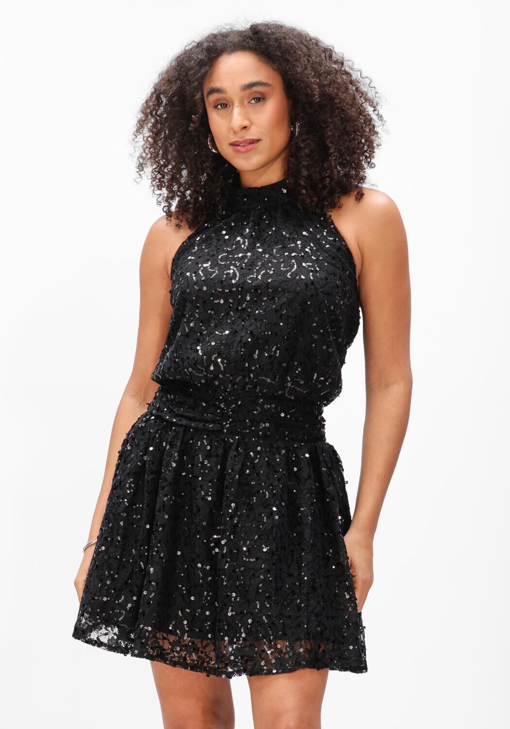 Black Doha Sequin Halterneck Mini Dress by Pink Baby, featuring shimmering sequins and a stylish halterneck design.