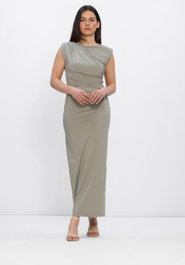 Pink Baby Elisana Draped Maxi Dress in Sage Grey, flowing fabric with elegant drape and full-length design, perfect for stylish occasions.