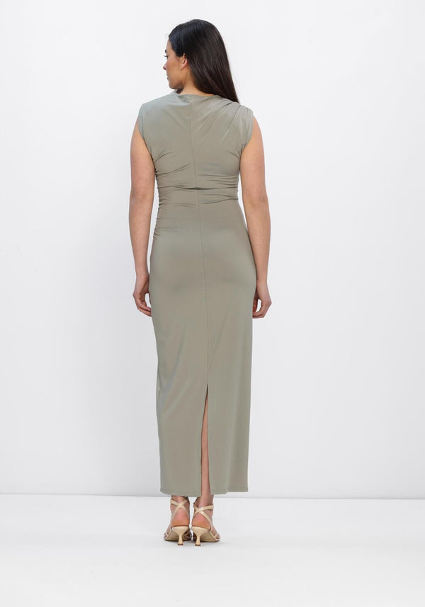 Pink Baby Elisana Draped Maxi Dress in sage grey, flowing fabric with elegant draping, perfect for casual or formal occasions.