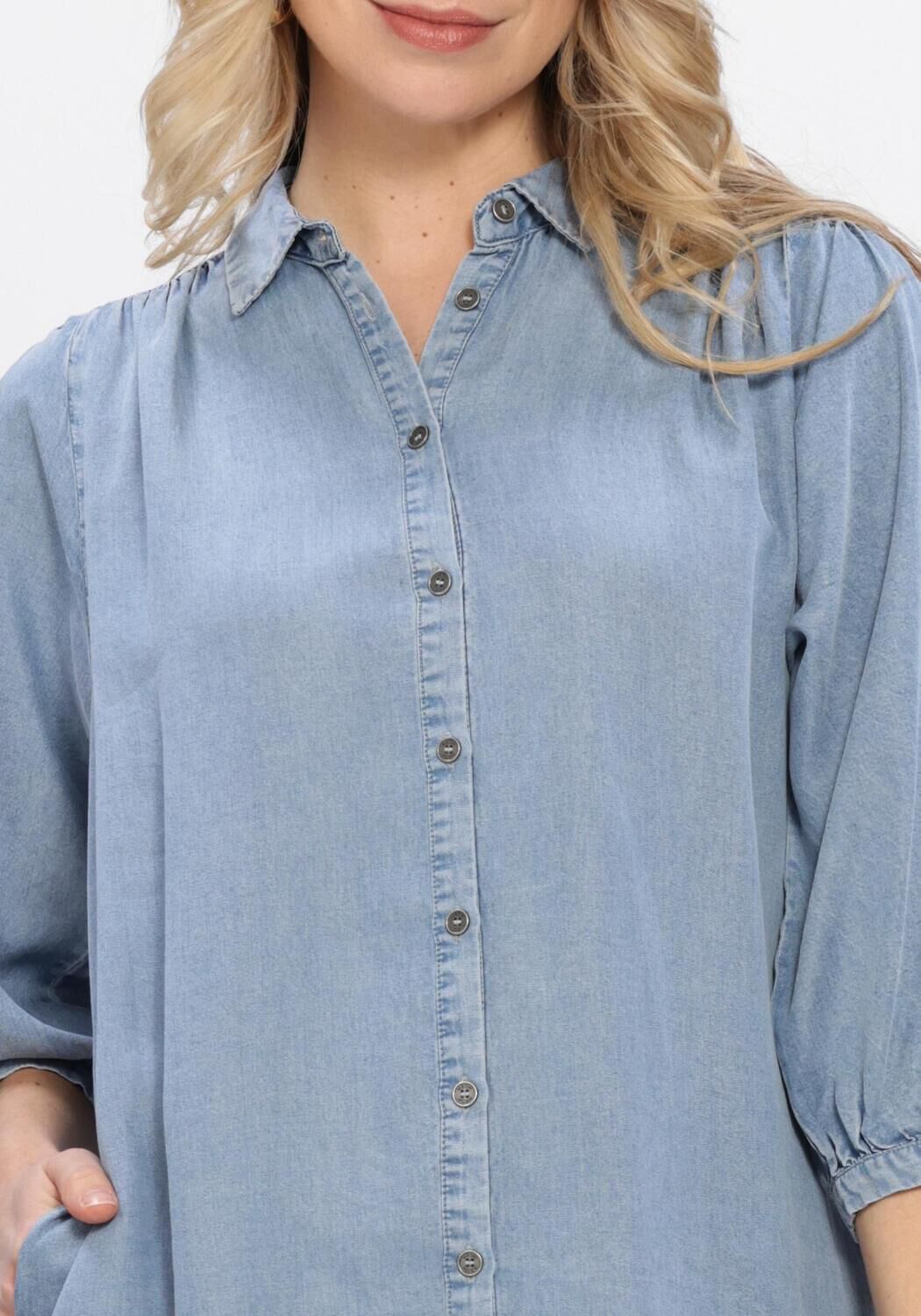 Light blue Normi button-front denim shirt dress by Pink Baby, featuring a classic collar and front button closure.