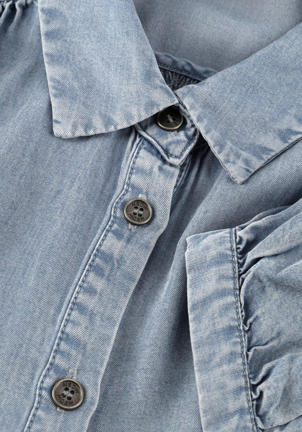 Light blue Normi denim shirt dress by Pink Baby featuring button-front design and casual fit.