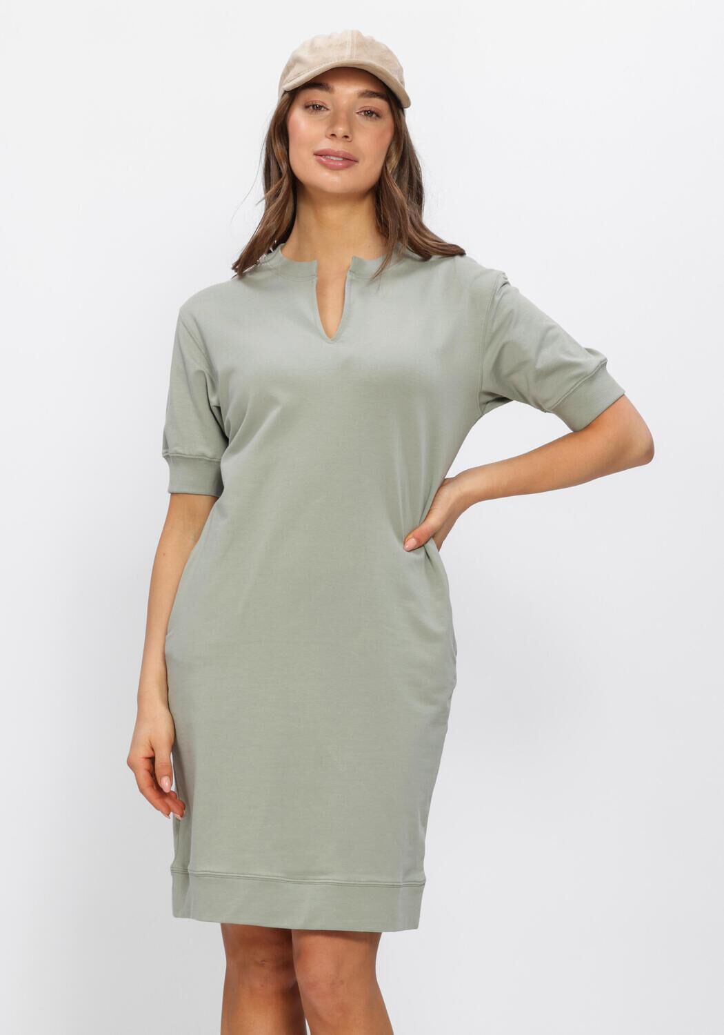 Pink Baby Solea Relaxed Notch-Neck Mini Dress in sage green, featuring a comfortable fit and stylish design.