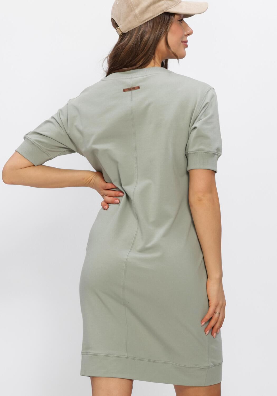 Pink Baby Solea Relaxed Notch-Neck Mini Dress in sage green, featuring a soft, flowing fabric and stylish notch neckline.
