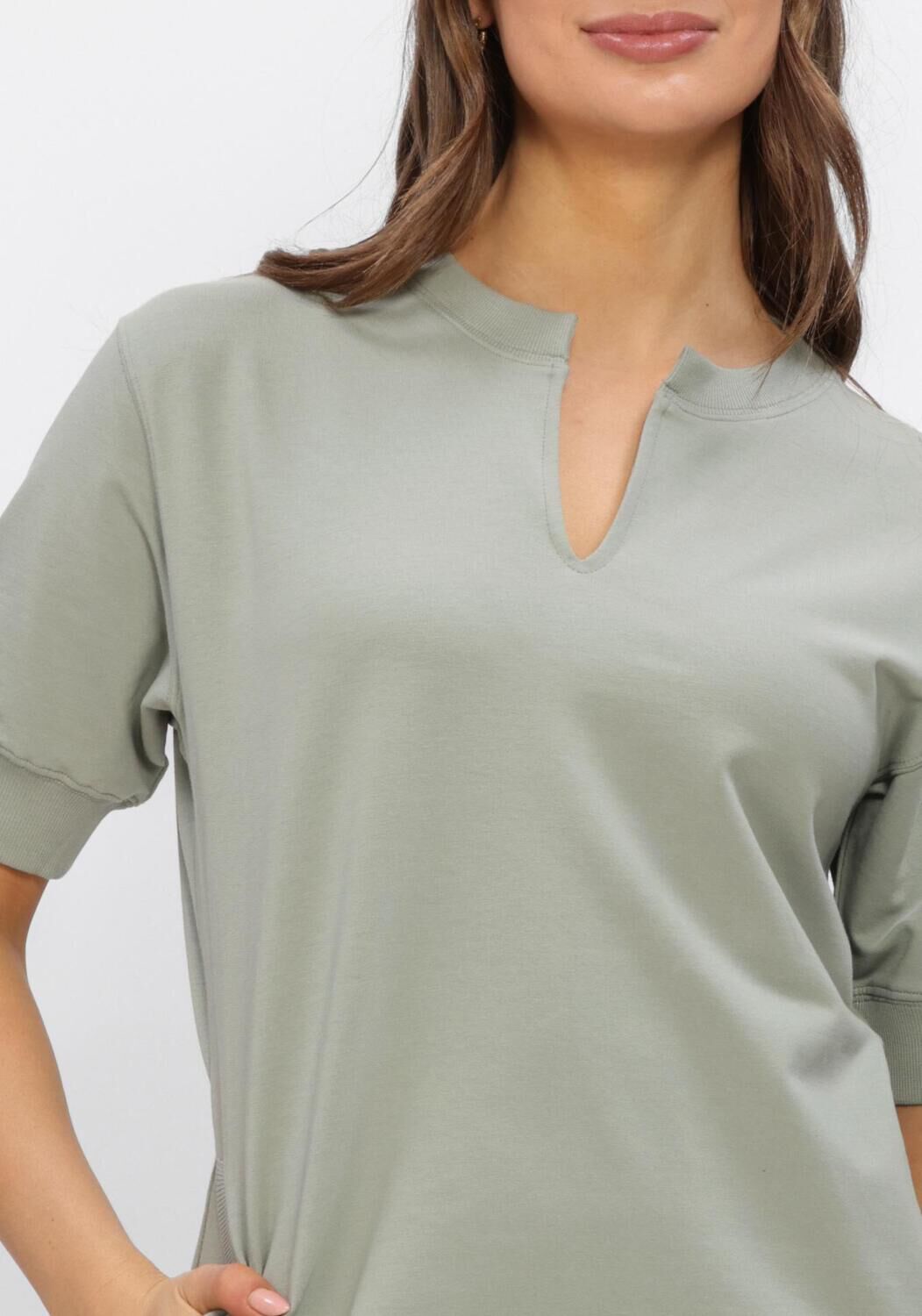 Pink Baby Solea Relaxed Notch-Neck Mini Dress in sage green, lightweight fabric with a relaxed fit and stylish notch neckline.