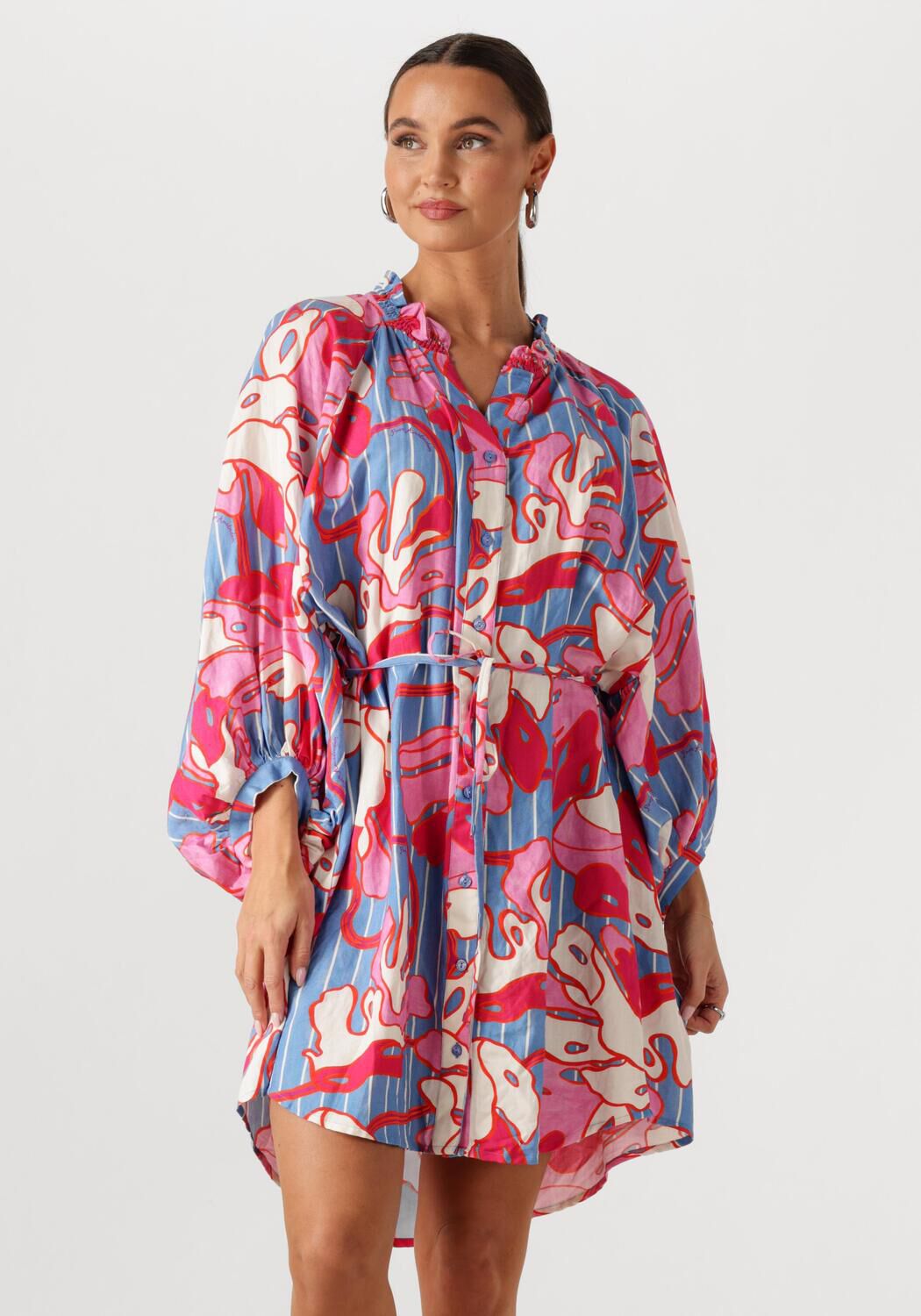 Pink Baby Paloma abstract print belted mini dress in pink and blue, featuring a stylish design and waist belt.