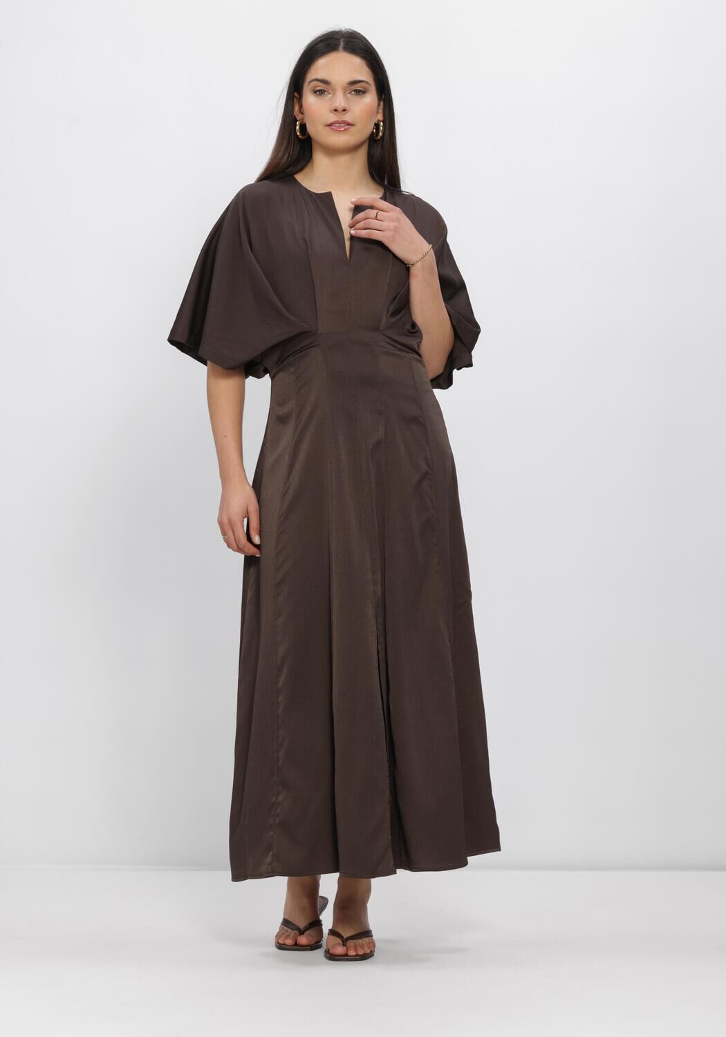 Pink Baby Jena Sculpted Waist Maxi Dress in chocolate brown, showcasing a fitted bodice and flowing skirt.