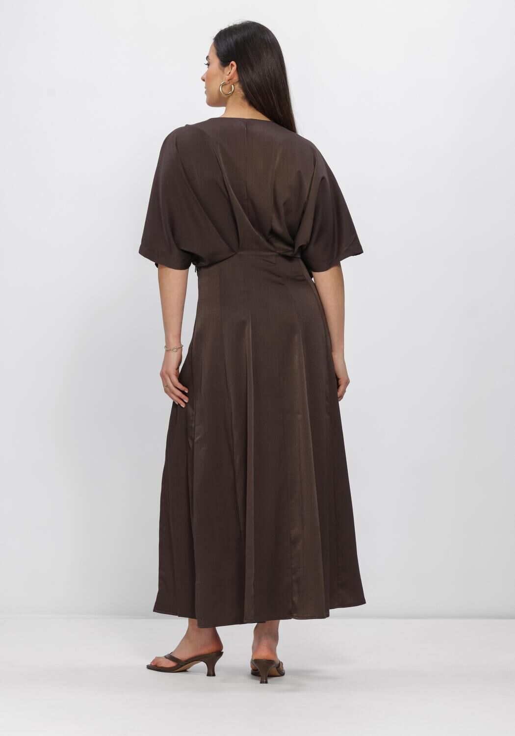Pink Baby Jena Sculpted Waist Maxi Dress in rich chocolate brown fabric, featuring a fitted waist and flowing skirt.