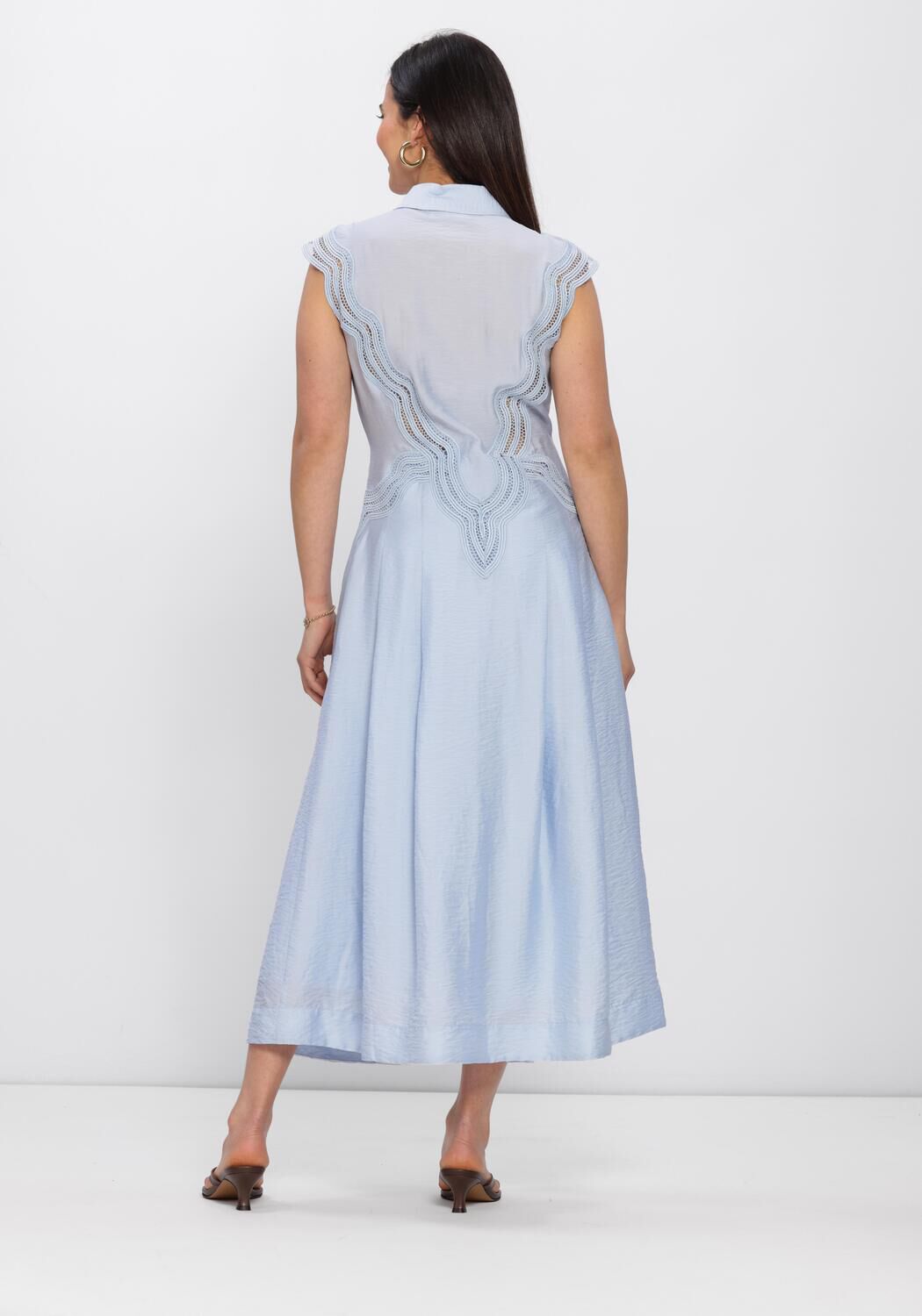 Light blue Faisa lace-trim maxi shirt dress by Pink Baby, featuring a flowing silhouette and delicate lace detailing.