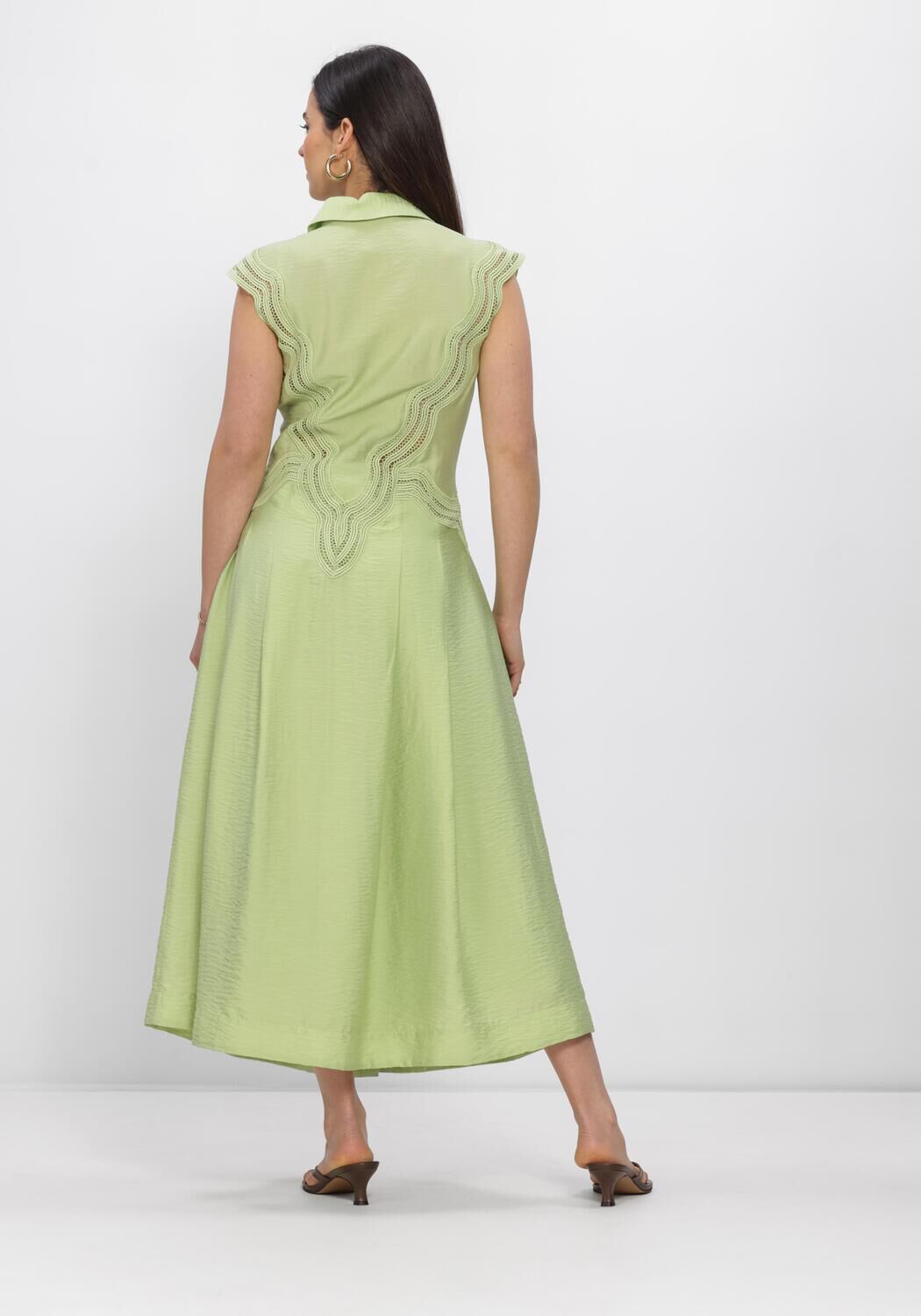 Pink Baby Alessia lace-trim maxi dress in sage green, flowing shirt dress with lace accents and long sleeves.