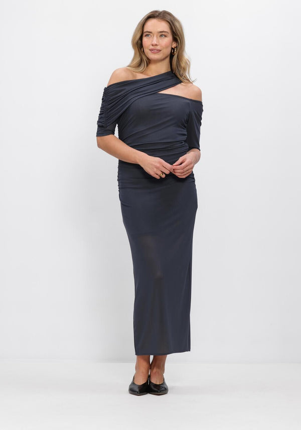 Sarina Draped One-Shoulder Midi Dress in slate blue by Pink Baby, featuring elegant draping and a stylish one-shoulder design.