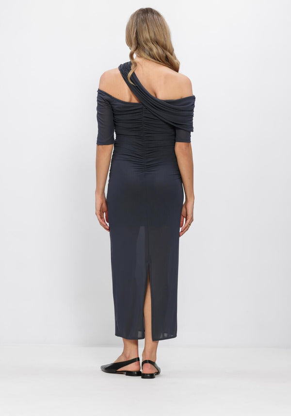 Pink Baby Sarina Draped One-Shoulder Midi Dress in elegant slate blue fabric, featuring a stylish draped design and asymmetric shoulder.