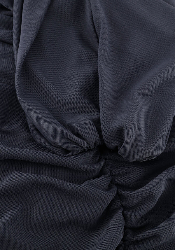 Pink Baby Sarina Draped One-Shoulder Midi Dress in slate blue, featuring elegant draping and a stylish one-shoulder design.