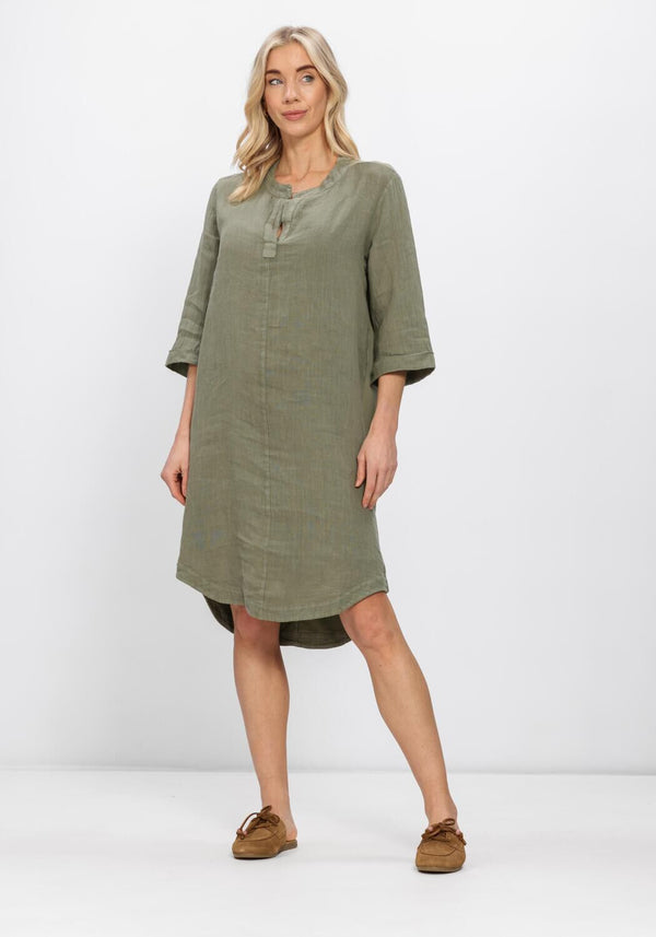 Olive green Sabrina linen midi tunic dress by Pink Baby, featuring a relaxed fit and stylish design for casual wear.