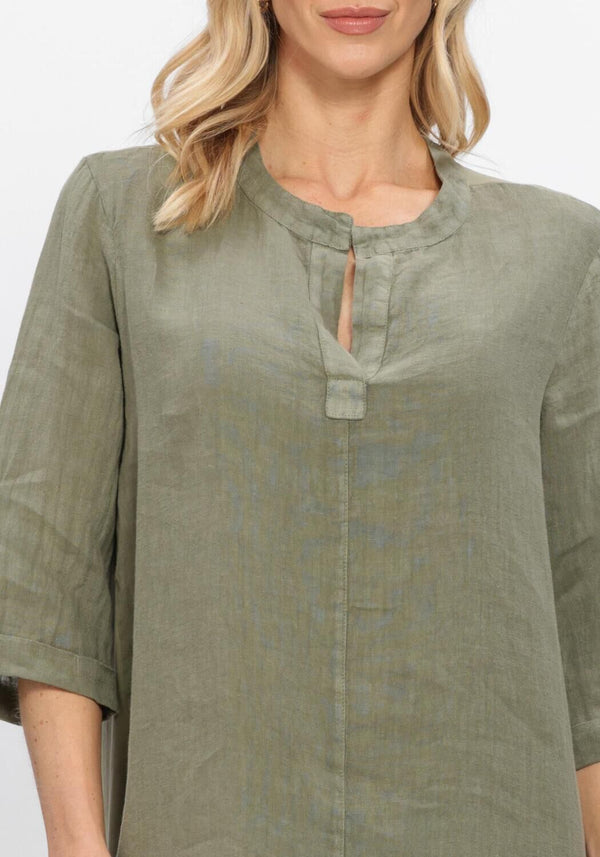 Olive green Sabrina linen midi tunic dress by Pink Baby, featuring a relaxed fit and stylish casual design.