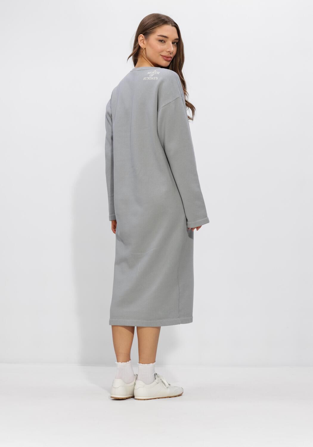 Pink Baby Sammie Relaxed V-Neck Midi Dress in Mist Grey, soft fabric, casual fit, and knee-length design.