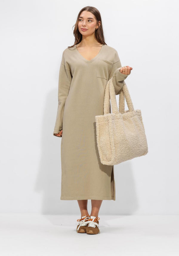 Pink Baby Elaine relaxed v-neck midi dress in sand beige, flowing fabric with a comfortable fit and elegant design.