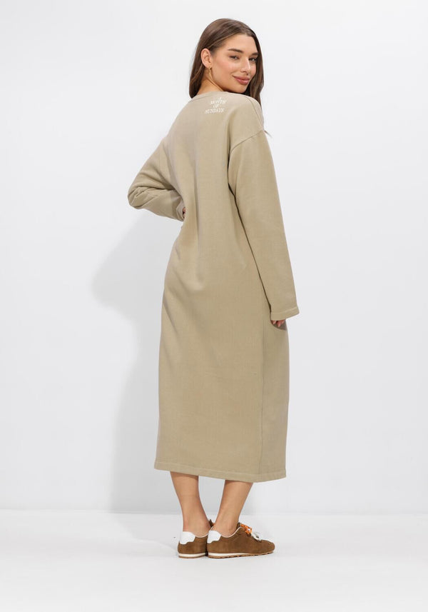 Pink Baby Elaine relaxed V-neck midi dress in sand beige, flowing fabric and casual fit, perfect for warm weather.