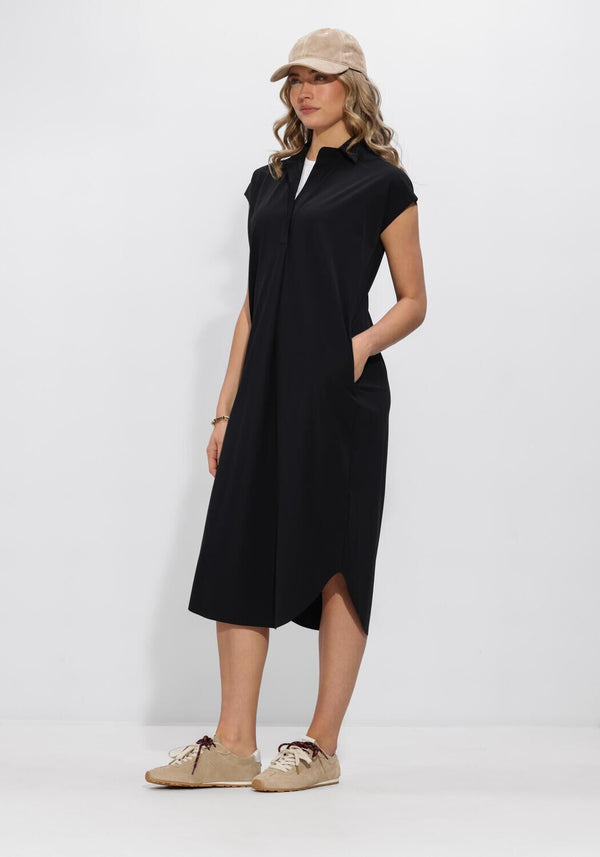 Pink Baby Alexa Relaxed Polo Midi Dress in black, featuring a casual fit and polo collar, displayed on a hanger.