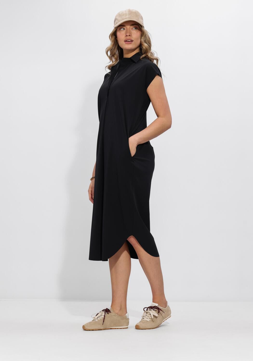 Black Alexa Relaxed Polo Midi Dress by Pink Baby, featuring a casual fit and polo collar, displayed on a hanger.