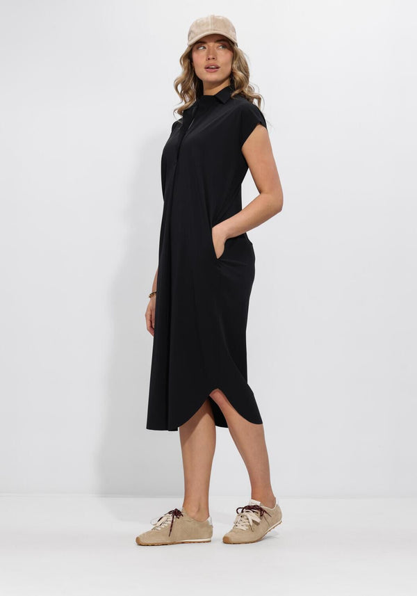Black Alexa Relaxed Polo Midi Dress by Pink Baby, featuring a casual fit and polo collar, displayed on a hanger.