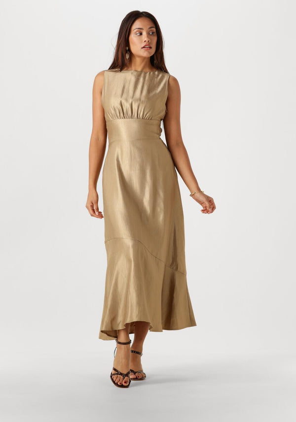 Pink Baby Lanaya Twist-Back Satin Midi Dress in champagne gold, featuring a sleek satin fabric and elegant twist-back design.