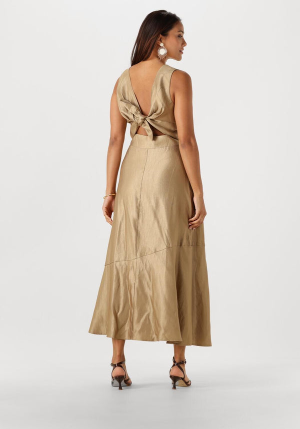 Pink Baby Lanaya Twist-Back Satin Midi Dress in champagne gold, featuring a elegant design with a twist-back detail.