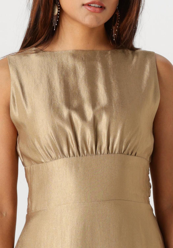 Pink Baby Lanaya Twist-Back Satin Midi Dress in Champagne Gold, showing the elegant back design and smooth satin fabric.