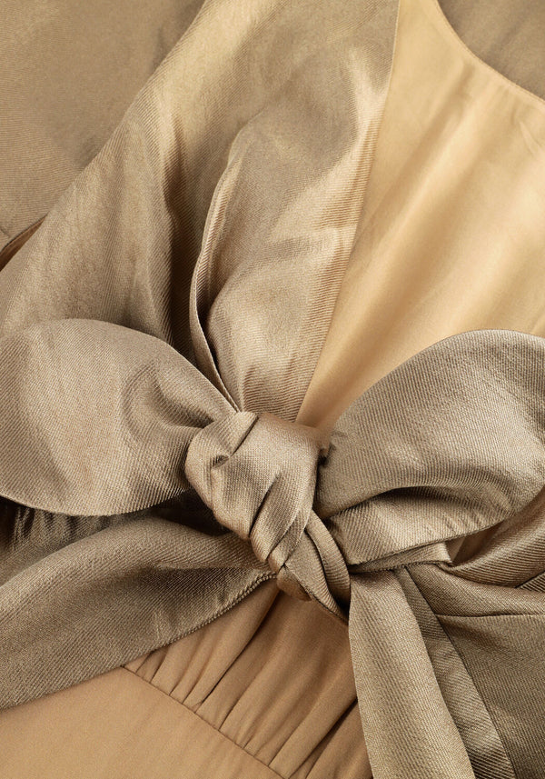 Pink Baby Lanaya Twist-Back Satin Midi Dress in champagne gold, featuring a twist-back design and elegant satin fabric.