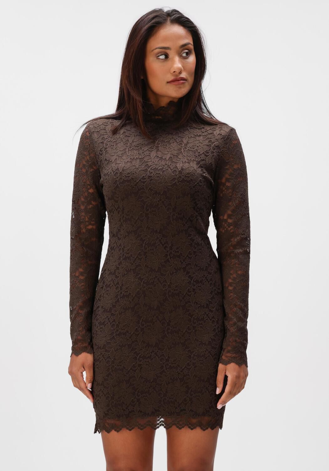 Pink Baby Celestine high-neck lace mini dress in chocolate brown, featuring intricate lace details and a fitted silhouette.