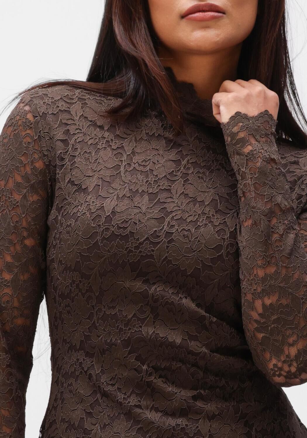 Pink Baby Celestine high-neck lace mini dress in chocolate brown, featuring elegant lace details and a fitted silhouette.